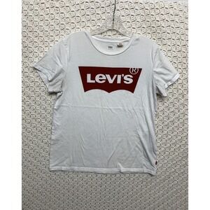 Levis Womens T Shirt‎ Large White Red Spellout Logo Short Sleeve Graphic Tee